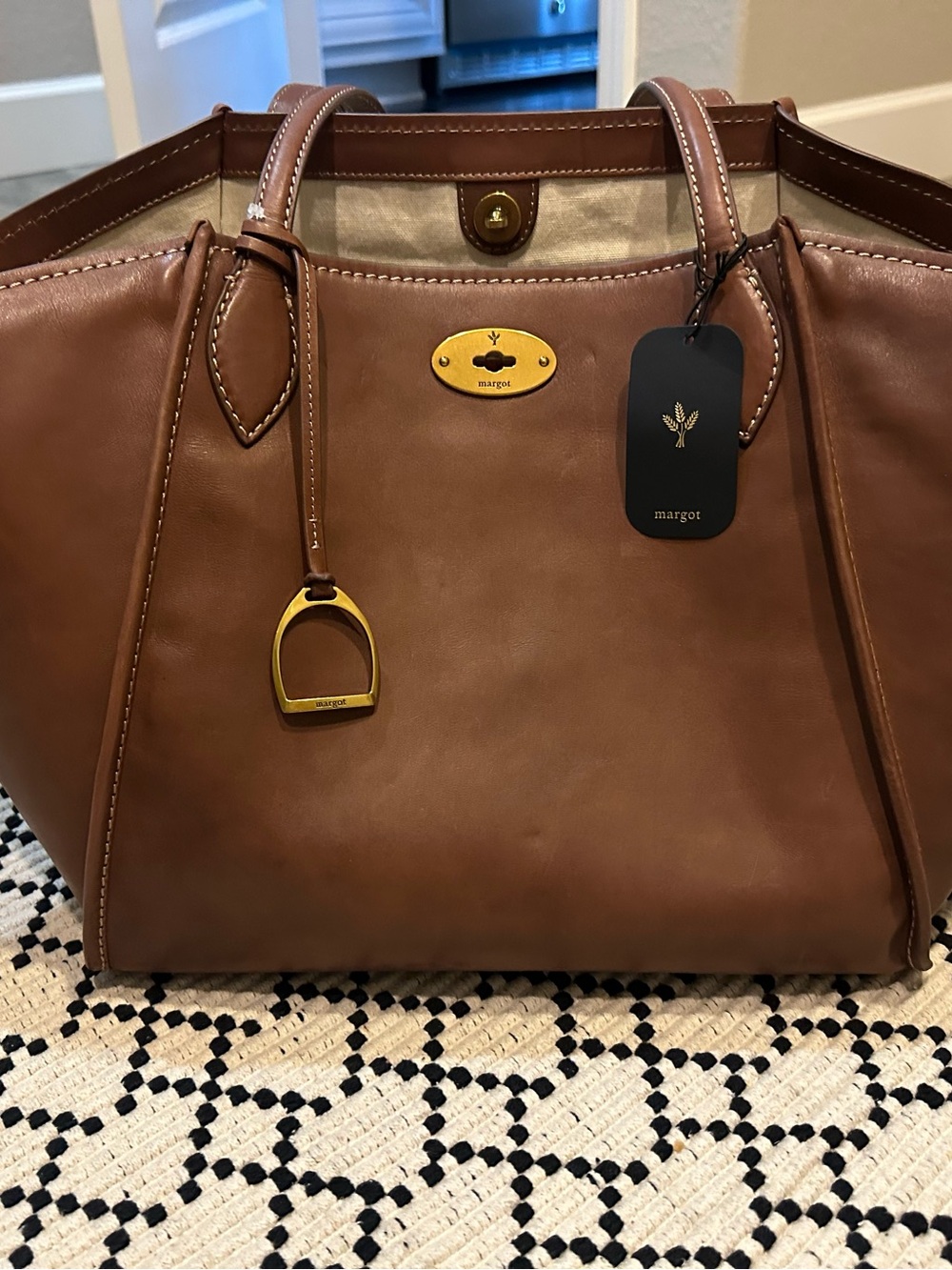 margot Cognac Leather Tote with Gold Hardware